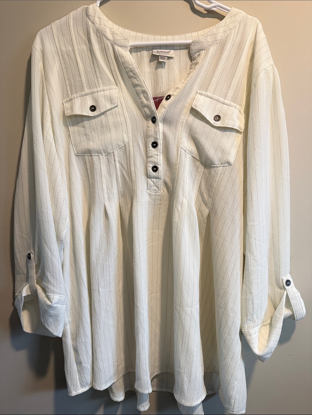 Avenue Cream Button-Front Henley Tunic with Chest Pockets and Roll-Tab Sleeves